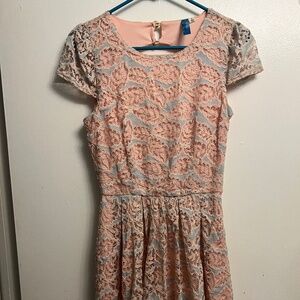 Buttons brand peach and blue dress with lace overlay